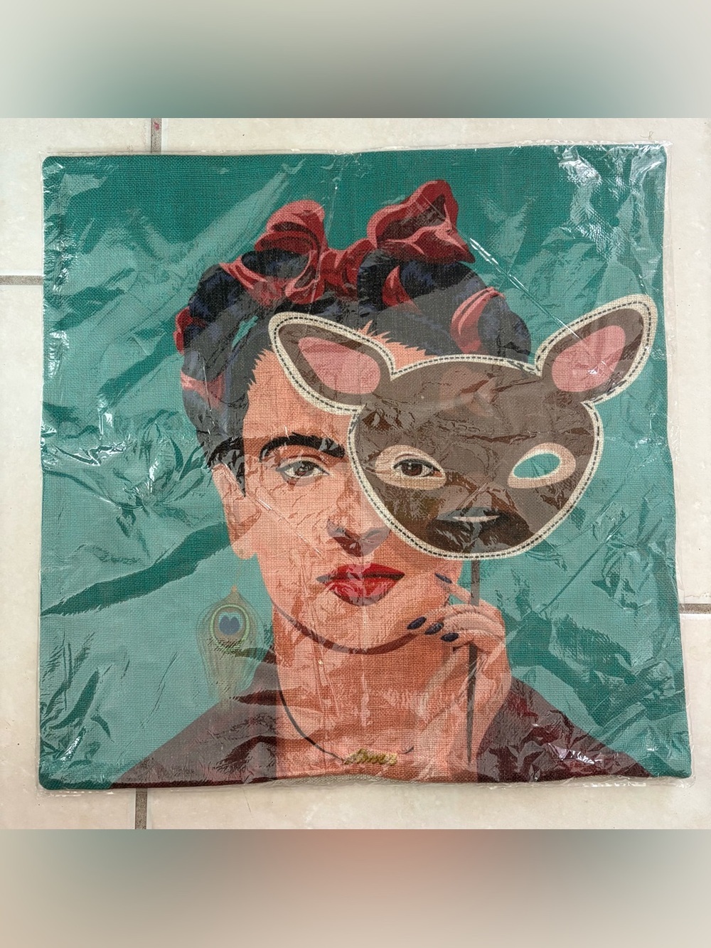 Frida-Inspired Teal Canvas Cushion Cover Art w/ Deer Mask Hidden Zipper Closure